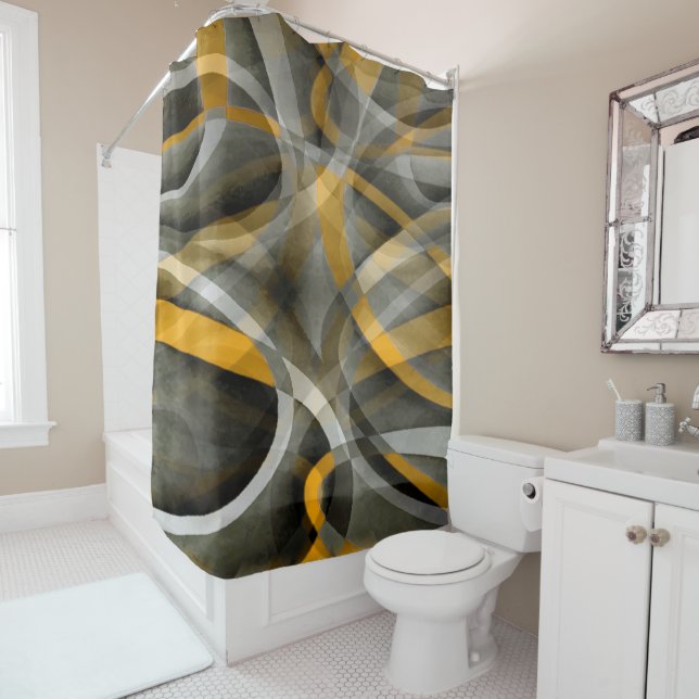Eighties Retro Mustard Yellow and Grey Abstract Cu Shower Curtain (In Situ)