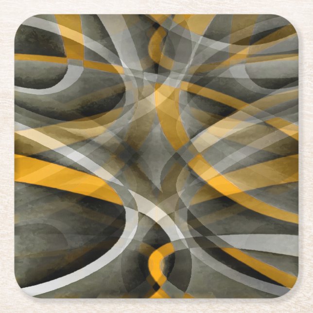 Eighties Retro Mustard Yellow and Grey Abstract Cu Square Paper Coaster (Front)