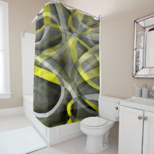 Eighties Vibes Daffodil Yellow and Grey Layered Cu Shower Curtain