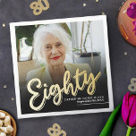 Eighty 80th Birthday custom photo script gold Napkin<br><div class="desc">eighty black and shiny gold metallic affect script text photo napkins. Personalise this 80th birthday party script photo birthday napkin with your own birthday girls name and party date, and a photo of your birthday girl. Other years and matching items are available. © Original design by Sarah Trett for www.mylittleeden.com...</div>