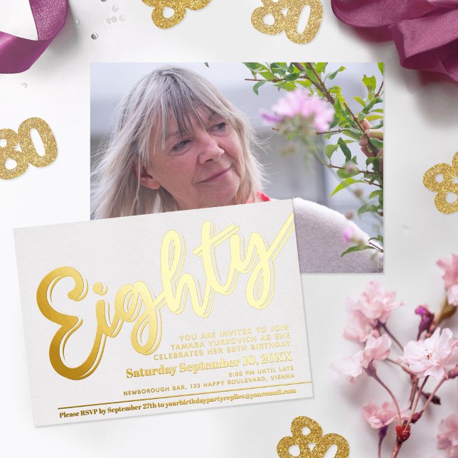 Eighty 80th Birthday party white with gold script (Creator Uploaded)