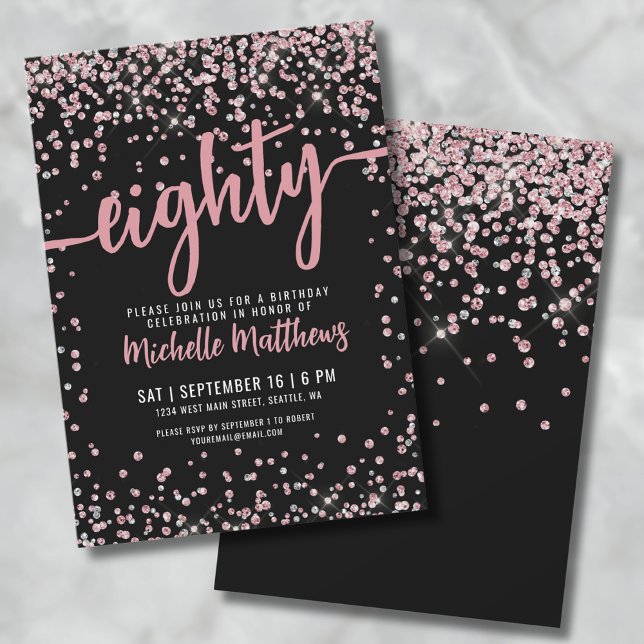Eighty Black Rose Gold Glitter 80th Birthday Invitation (Eighty Black Rose Gold Pink Glitter 80th Birthday Invitation)