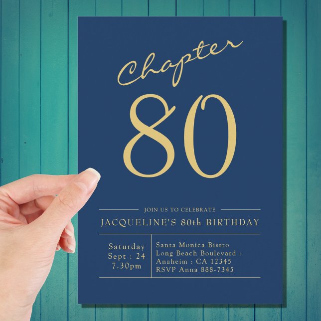 Eighty Blue Gold 80th Birthday Party Invitation (Creator Uploaded)