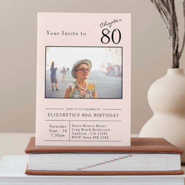 Eighty Blush Pink 80th Birthday Party Photo Invitation (Invitation stood up on a book)