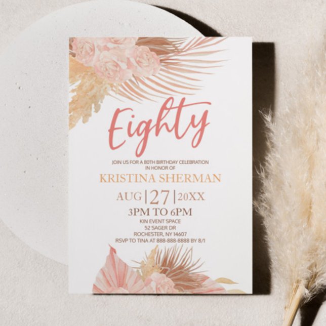 Eighty Boho Pink Floral 80th Birthday Party Invitation (Creator Uploaded)