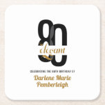 Eighty & Elegant Black Gold 80th Birthday Party Square Paper Coaster<br><div class="desc">Serve drinks in style with our Eighty & Elegant Black Gold 80th Birthday Party Square Paper Coaster. Featuring a sleek black design accented with luxurious gold foil-inspired details, this elegant paper coaster adds sophistication and festivity to any milestone celebration. Perfect for protecting surfaces while serving beverages, it complements your table...</div>