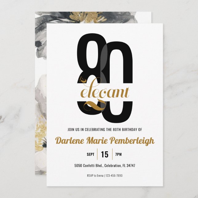 Eighty & Elegant Black Gold Floral 80th Birthday Invitation (Front/Back)