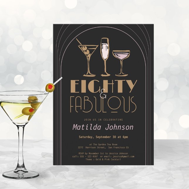 Eighty Fabulous Cocktail Gold Black 80th Birthday Invitation (Mockup View)