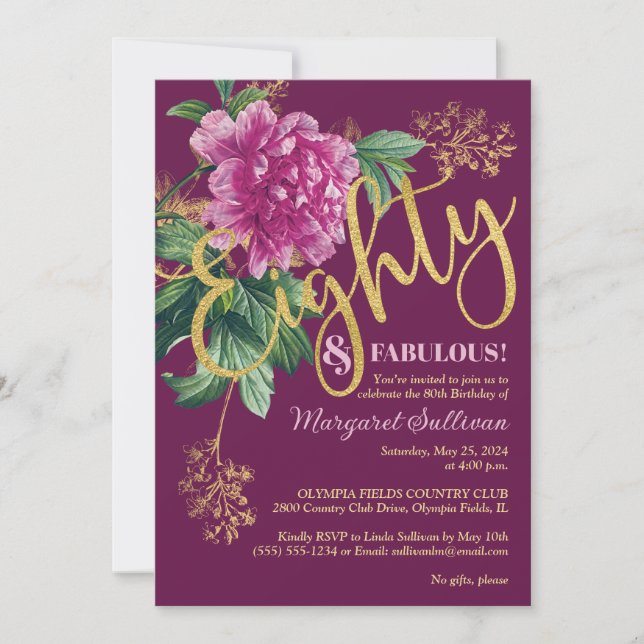 Eighty & Fabulous Pink Peony Birthday Invitation (Front)