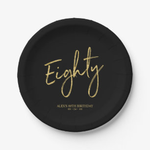 Eighty Gold & Black Lettering 80th Birthday Party Paper Plate