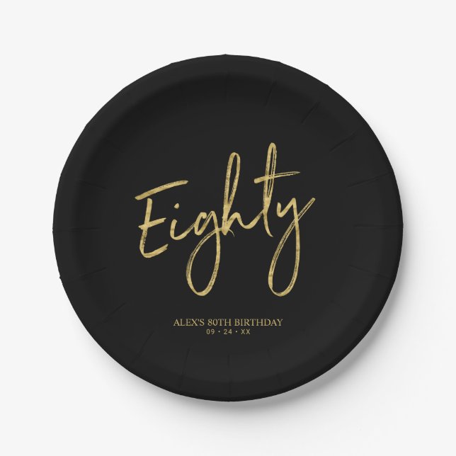 Eighty Gold & Black Lettering 80th Birthday Party Paper Plate (Front)