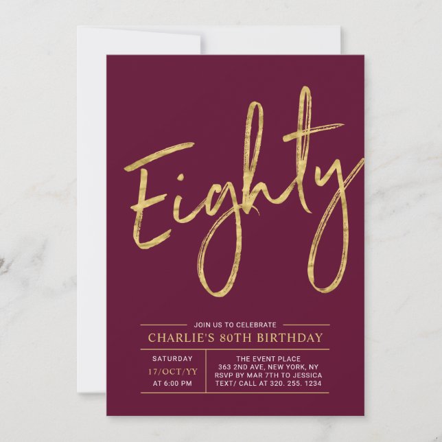 Eighty | Gold Burgundy Red 80th Birthday Party Invitation (Front)