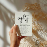 Eighty | Modern 80th Black & White Birthday Party Invitation Postcard<br><div class="desc">This modern, black and white, 80th birthday party invitation features classy modern typography. The word "eighty" appears in script style calligraphy. Perfect for setting the stylish tone for a wonderful, eightieth birthday party celebration. The colour scheme of the invite is easy to customise - both the background and the typography...</div>