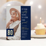 Eighty Photo Blue & Gold 80th Birthday Party Real<br><div class="desc">Celebrate in style with these modern real foil 80th birthday party invitations featuring a chic blue background,  a photo of the birthday boy/girl,  the funny saying 'it took eighty years to look this good!',  and a simple text template that is easy to personalise.</div>