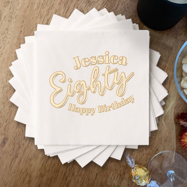 Eighty script gold 80th birthday party foil napkins (Creator Uploaded)