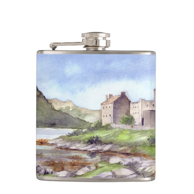 Eilean Donan Castle Watercolor Painting Hip Flask (Front)