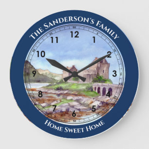 Eilean Donan Castle Watercolor Painting Large Cloc Clock