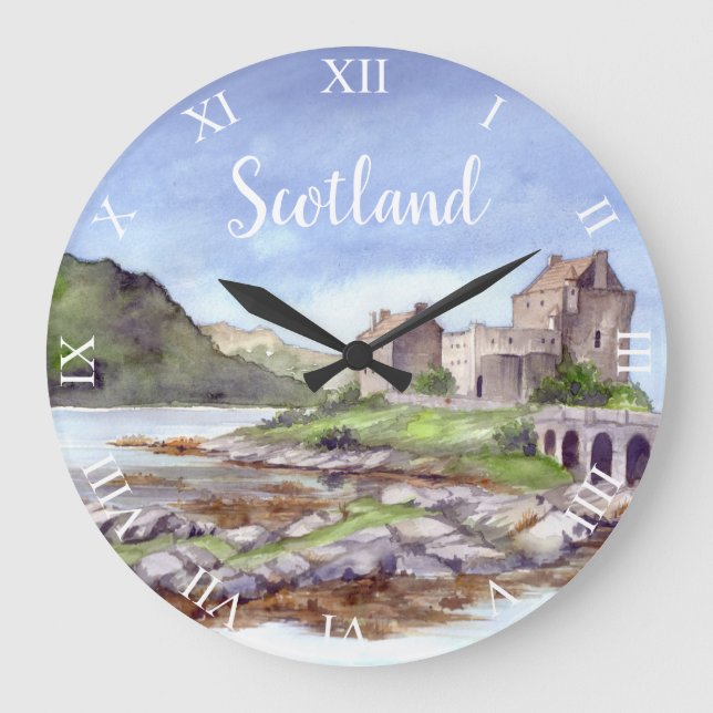 Eilean Donan Castle Watercolor Painting Large Clock (Front)