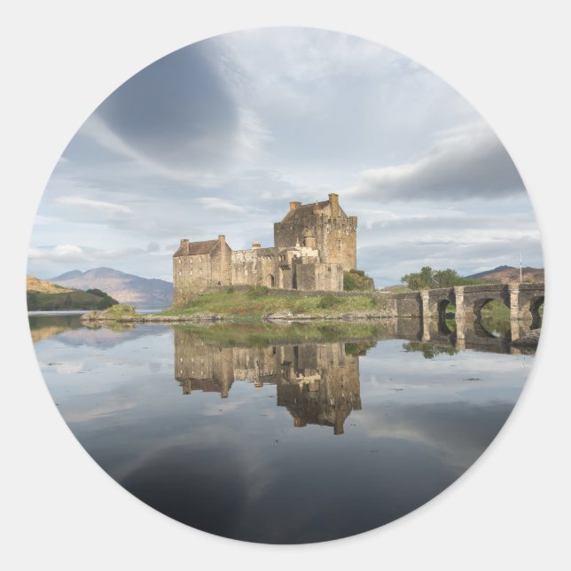 Eilean Donan Castle with reflection in Scotland Classic Round Sticker (Front)