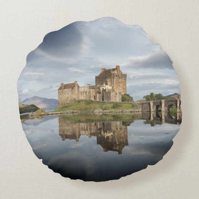 Eilean Donan Castle with reflection in Scotland Round Cushion (Back)