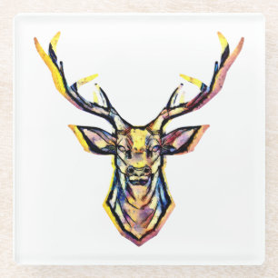 Ein Hirschkopf als buntes Bild im Aquarell Stil Glass Coaster