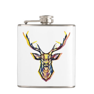 Ein Hirschkopf als buntes Bild im Aquarell Stil Hip Flask