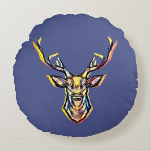 Ein Hirschkopf als buntes Bild im Aquarell Stil    Round Cushion