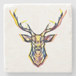Ein Hirschkopf als buntes Bild im Aquarell Stil Stone Coaster