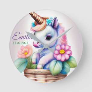 Einhorn im Korb - Wasserfarbe Kindermotiv Round Clock