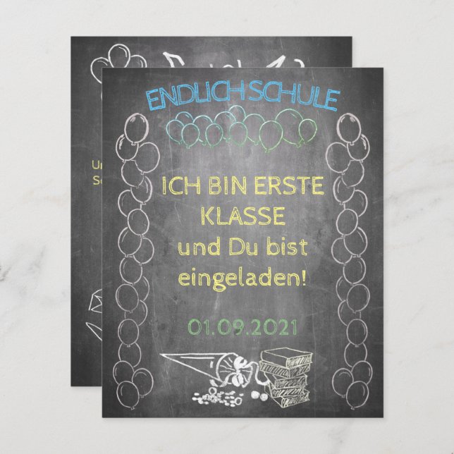 Einladungskarte zur Einschulung im Tafelstil (Front/Back)