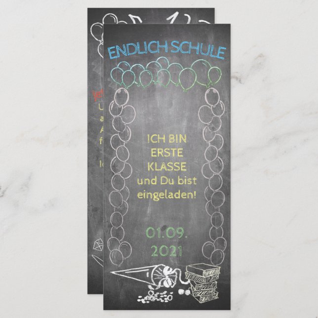 Einladungskarte zur Einschulung im Tafelstil (Front/Back)