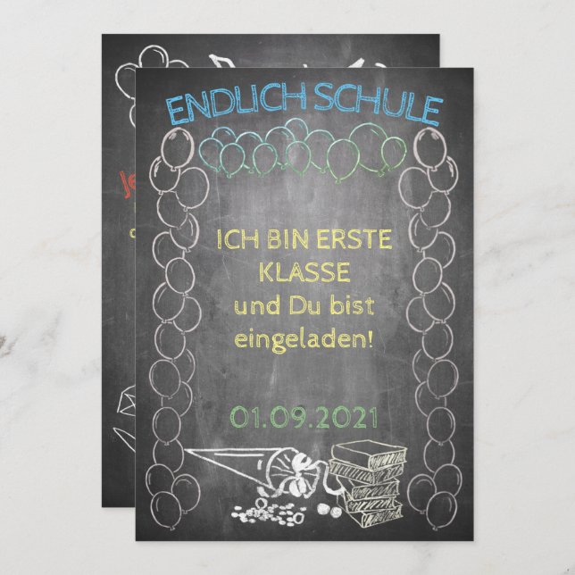 Einladungskarte zur Einschulung im Tafelstil (Front/Back)