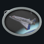 El Al Maslool Space Shuttle Oval Belt Buckle<br><div class="desc">For future Jewish astronauts. A digital rendering of an El Al (Israel's iconic national air carrier) spacecraft entering orbit. The Earth is seen below; a space station floats in the distance. Maslool is the Hebrew word for "orbit"</div>