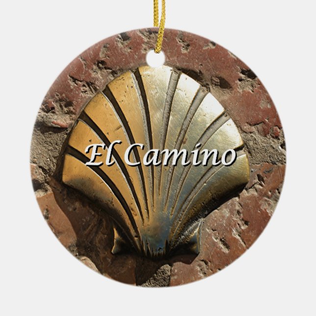 El Camino gold shell, Leon (caption) Ceramic Tree Decoration (Front)