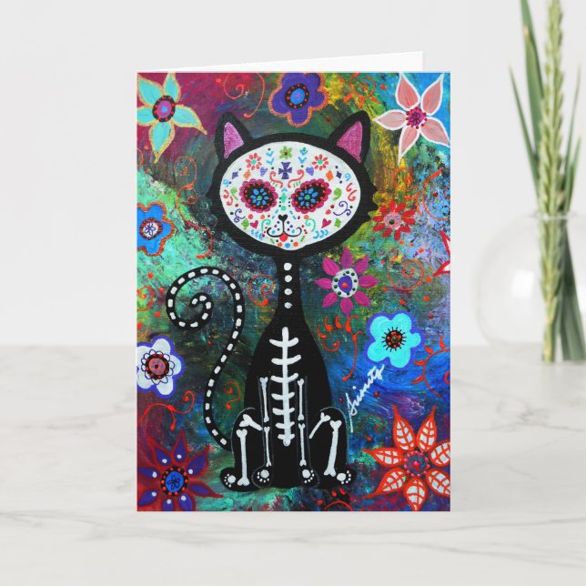 El Gato Cat Dia de los Muertos by Prisarts Card (Front)