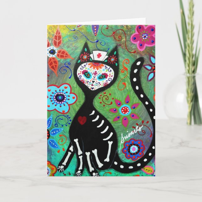EL GATO CAT DIA DE LOS MUERTOS NURSE PAINTING CARD (Front)