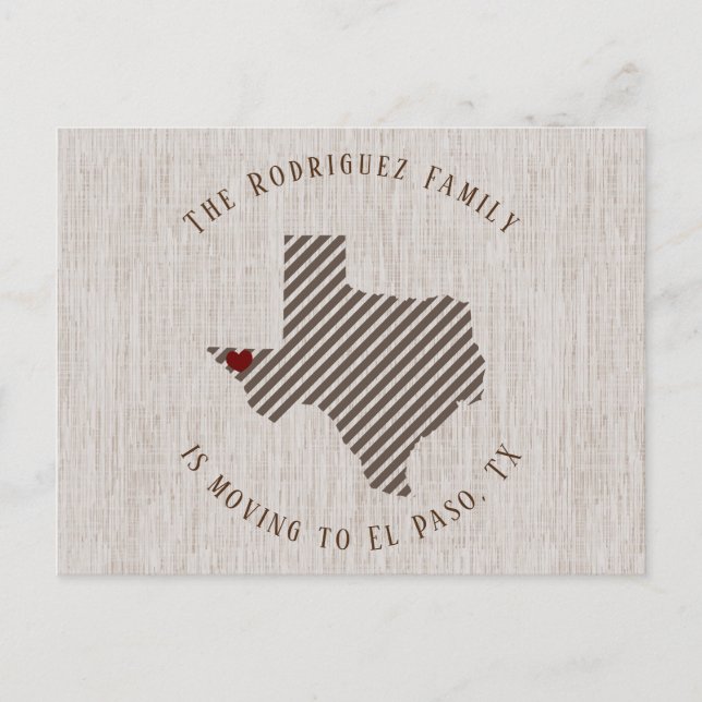 El Paso Brown Linen and Heart Texas Moving Announcement Postcard (Front)