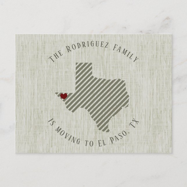El Paso Green Linen and Heart Texas Moving Announcement Postcard (Front)