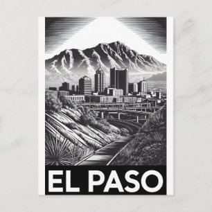 El Paso Texas Skyline Black White Woodcut Holiday Postcard