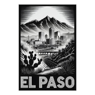 El Paso Texas Skyline Black White Woodcut Poster