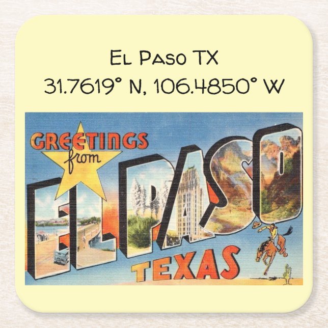 El Paso TX Map Coordinates Vintage Style Square Paper Coaster (Front)