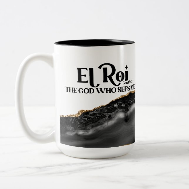 El Roi The God Who Sees Me Black Marble Monogram  Two-Tone Coffee Mug (Left)