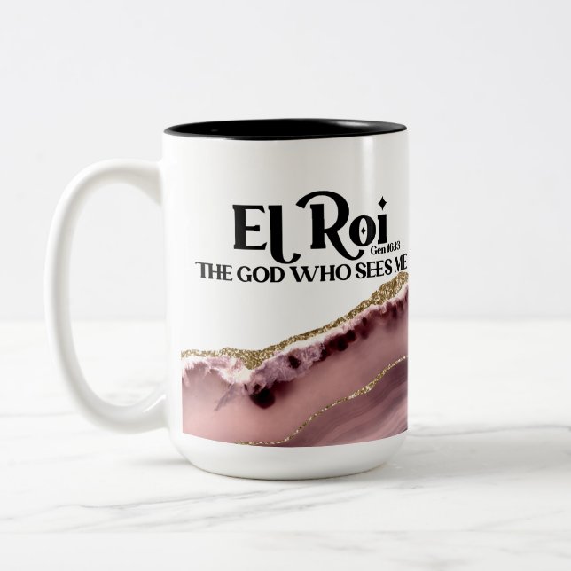 El Roi The God Who Sees Me Pink Marble Monogram  Two-Tone Coffee Mug (Left)