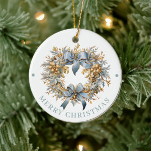 Elaborate Blue and Gold Wreath Merry Christmas  Ceramic Tree Decoration