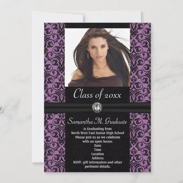 Elaborate Purple Black Damask Graduation Invitation (Front)