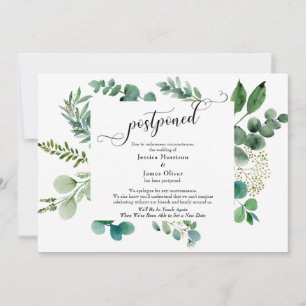 Elaborate Script Eucalyptus Postponed Wedding Card