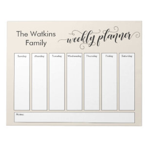 Elaborate Script Simple Cream Weekly Planner Notepad