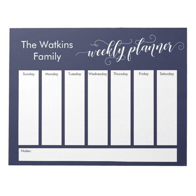 Elaborate Script Simple Navy Weekly Planner Notepad (Front)