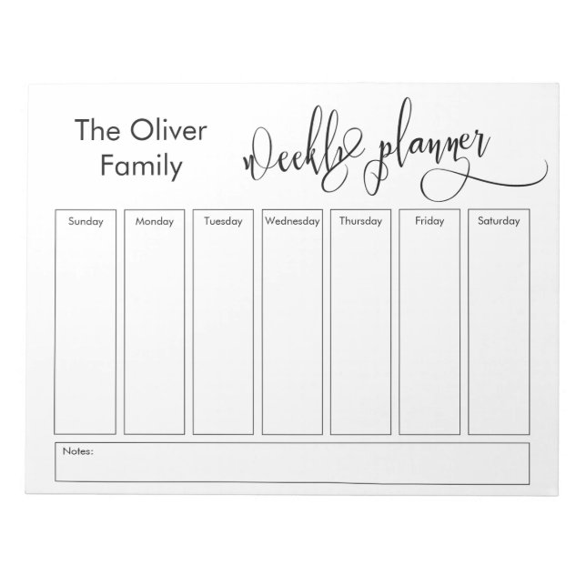 Elaborate Script Simple Weekly Planner, White Notepad (Front)