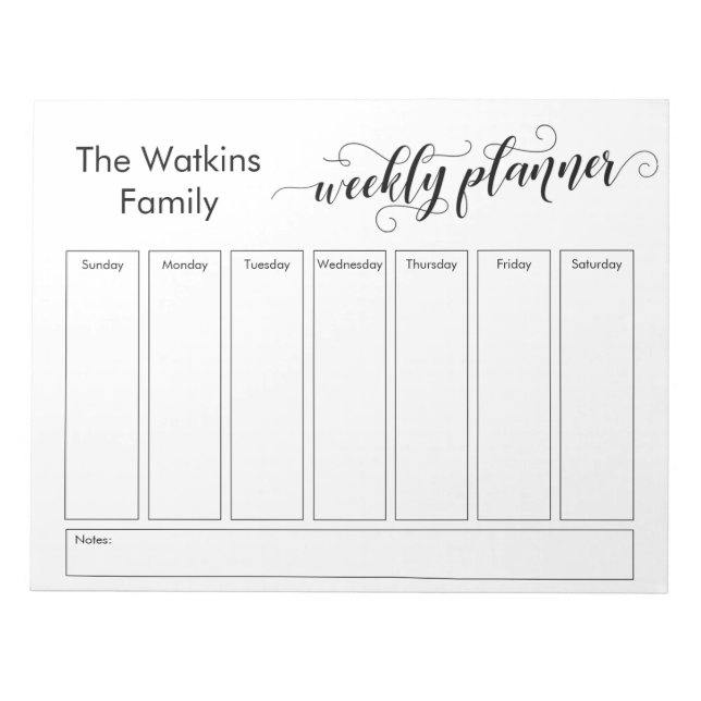 Elaborate Script Simple White Weekly Planner Notepad (Front)